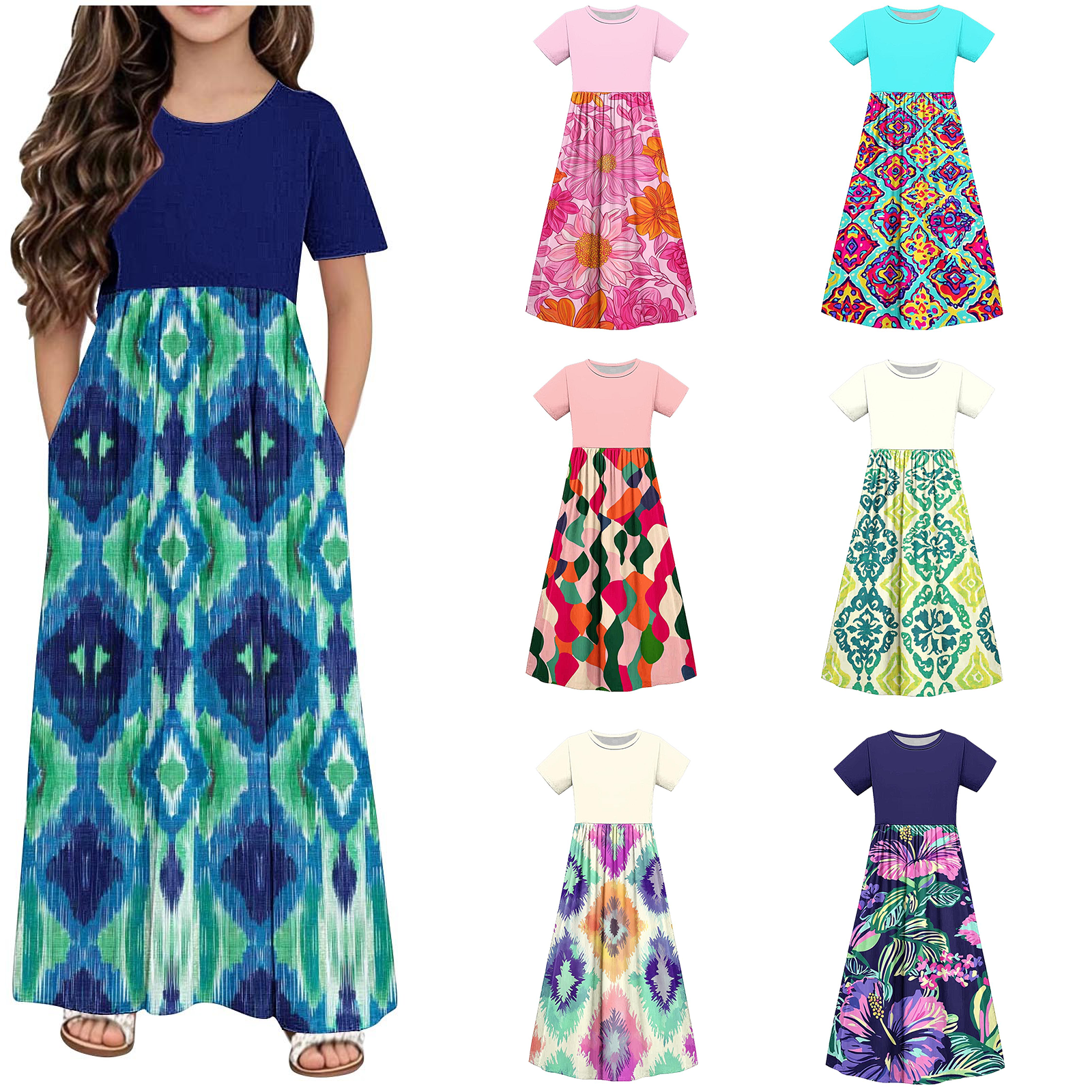 Isvgxsz New Girls Dresses Clearance Girl'S Short Sleeve Floral Print Loose Casual Long Maxi Dress with Pockets 4-14 Years Beach Dress for Girls Blue